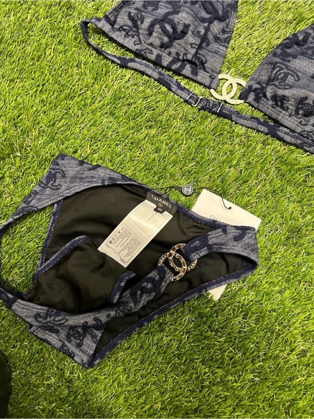 Gucci Dark Blue Monogram Bikini Set with Gold Hardware